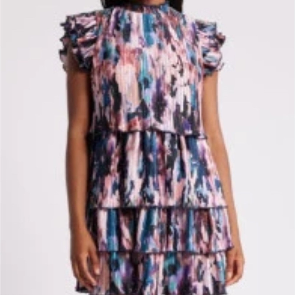 Chelsea28 Blue and Pink Flutter Sleeve Mock Neck Mini Dress